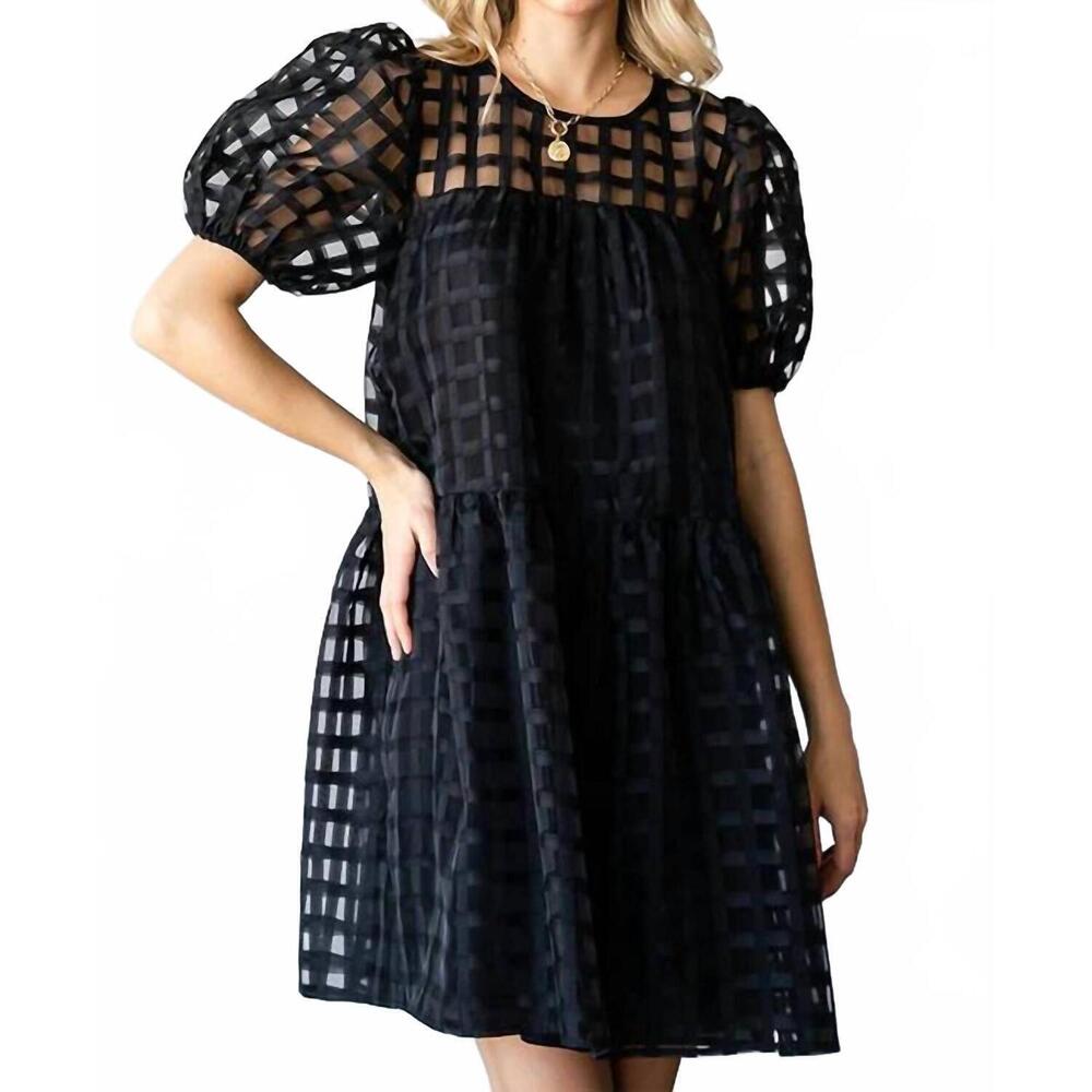 NEW FIRST LOVE plaid organza puff sleeve tiered short dress in black